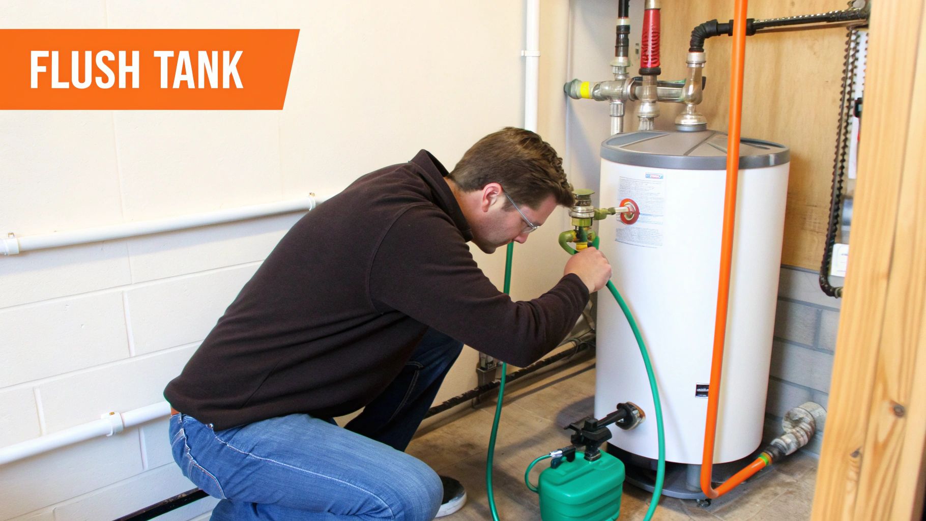 A man flushes a water heater with a green hose and a specialized tank.