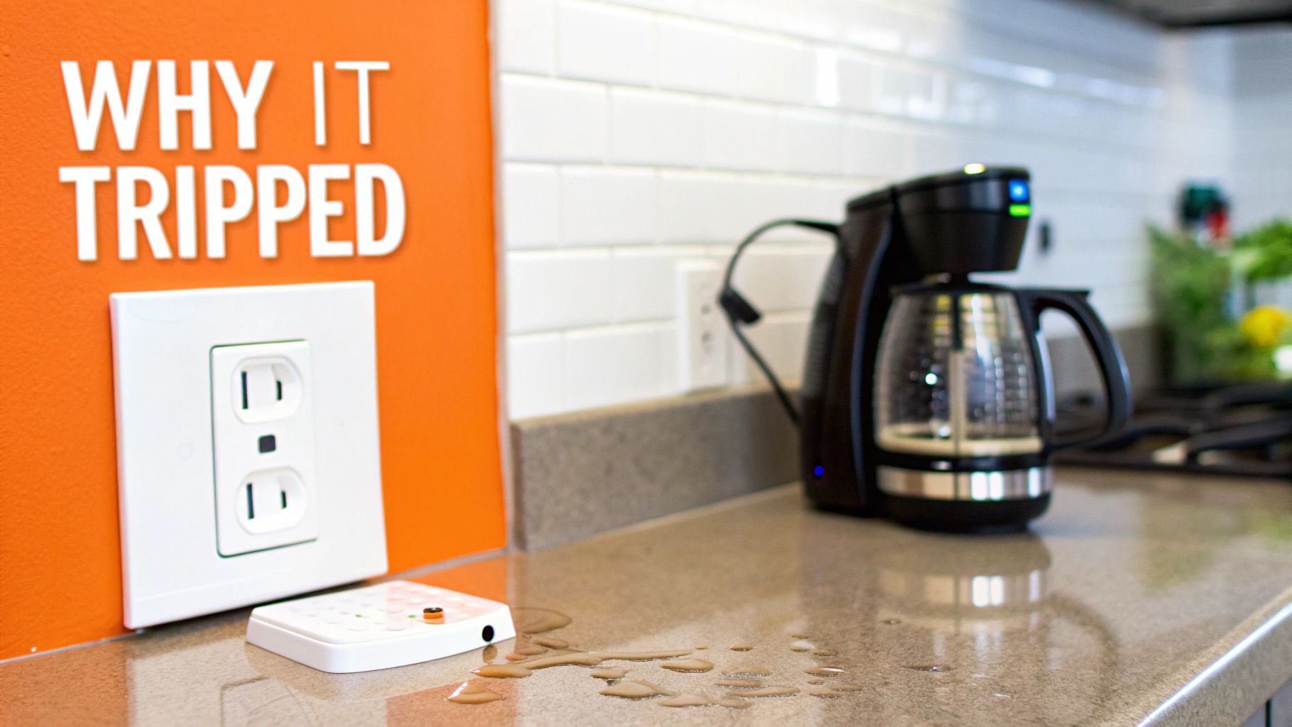 A GFCI outlet on an orange wall next to spilled liquid, a white sensor, and a coffee maker.