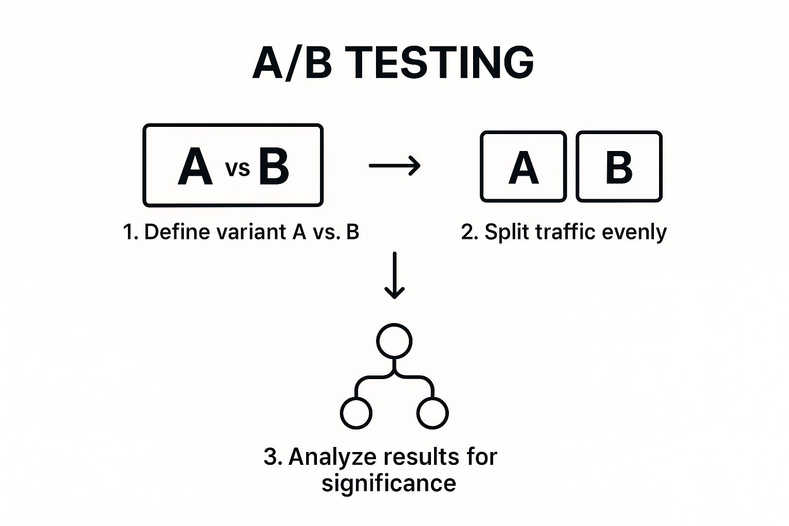 Infographic showing the three core steps of the A/B testing process: Define variants, split traffic, and analyse results.