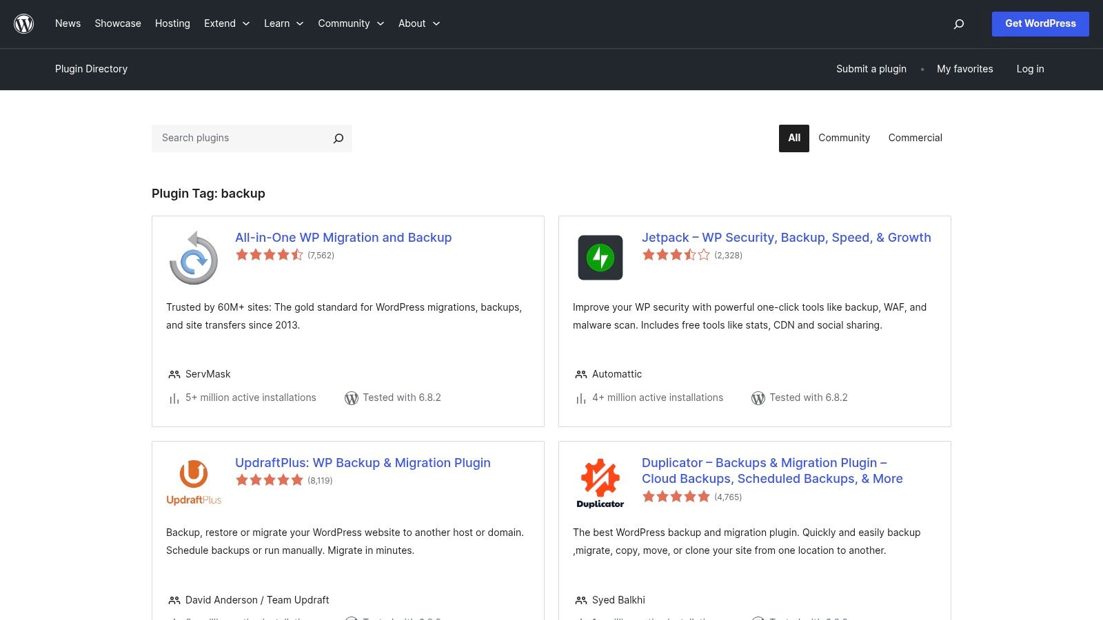 WordPress.org Plugin Directory – Backup category