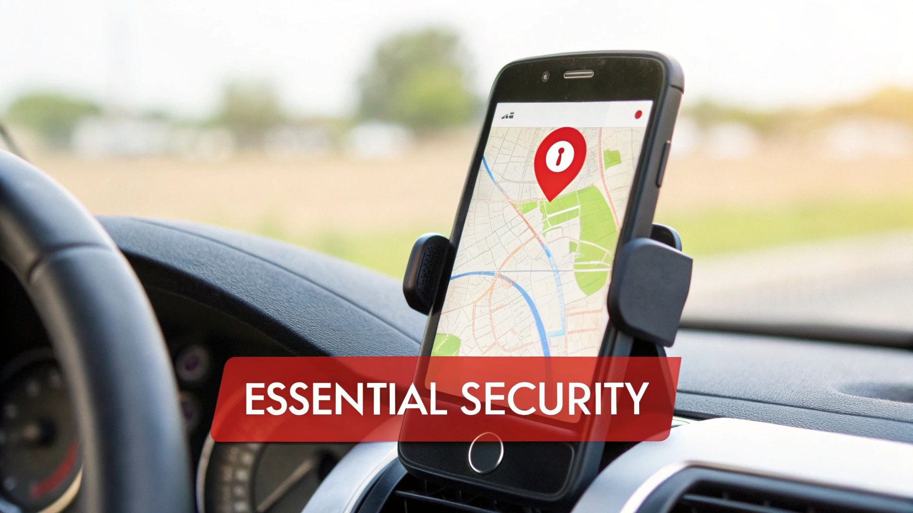 A smartphone mounted in a car displays a map with a security pin, overlaid with 'ESSENTIAL SECURITY' text.