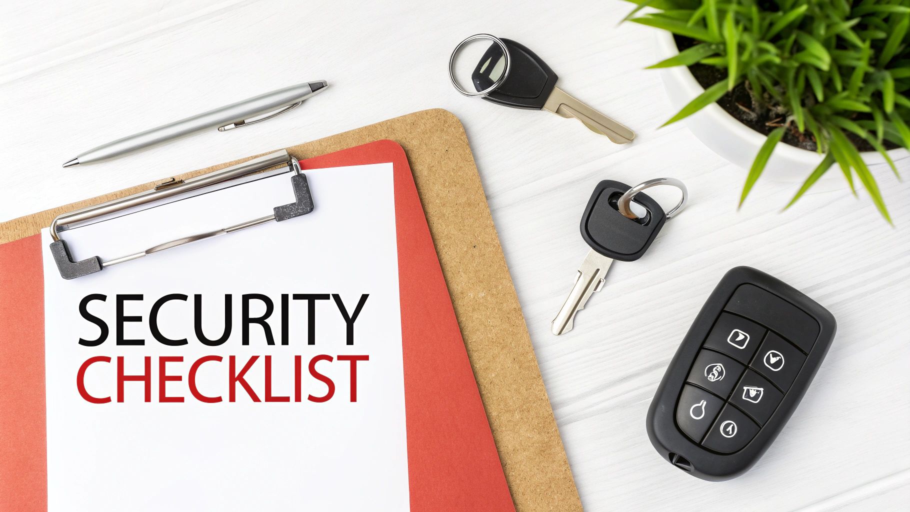 A clipboard displaying 'SECURITY CHECKLIST' alongside car keys, a car remote, and a pen.