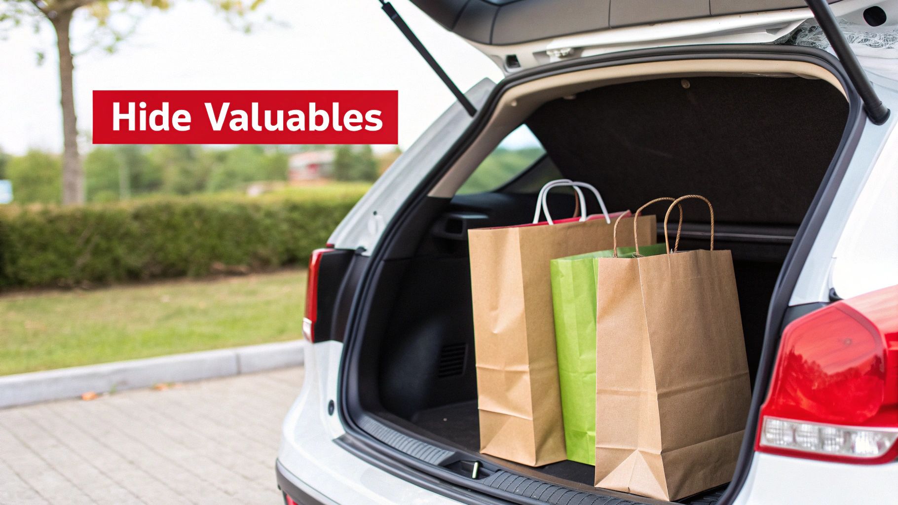 An open white car trunk with brown and green shopping bags inside, above text reads "Hide Valuables".