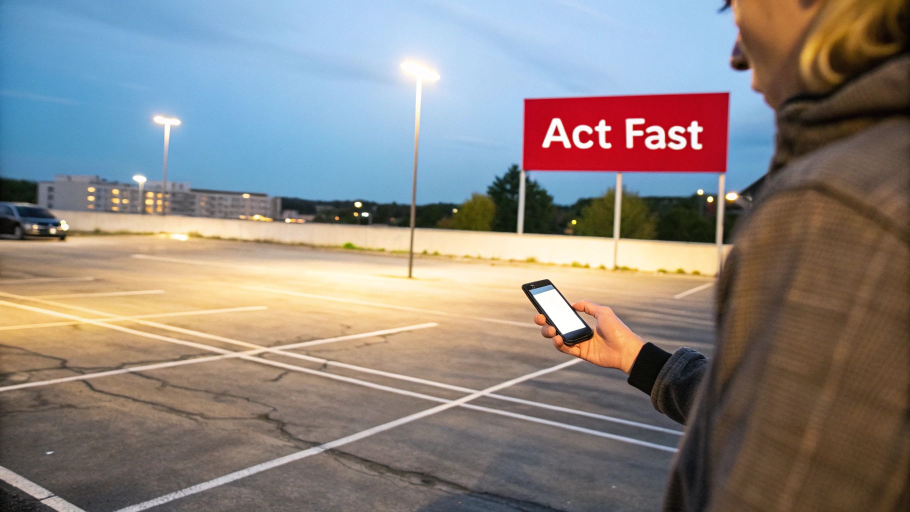 A person uses a smartphone in a parking lot with an 'Act Fast' billboard at dusk.