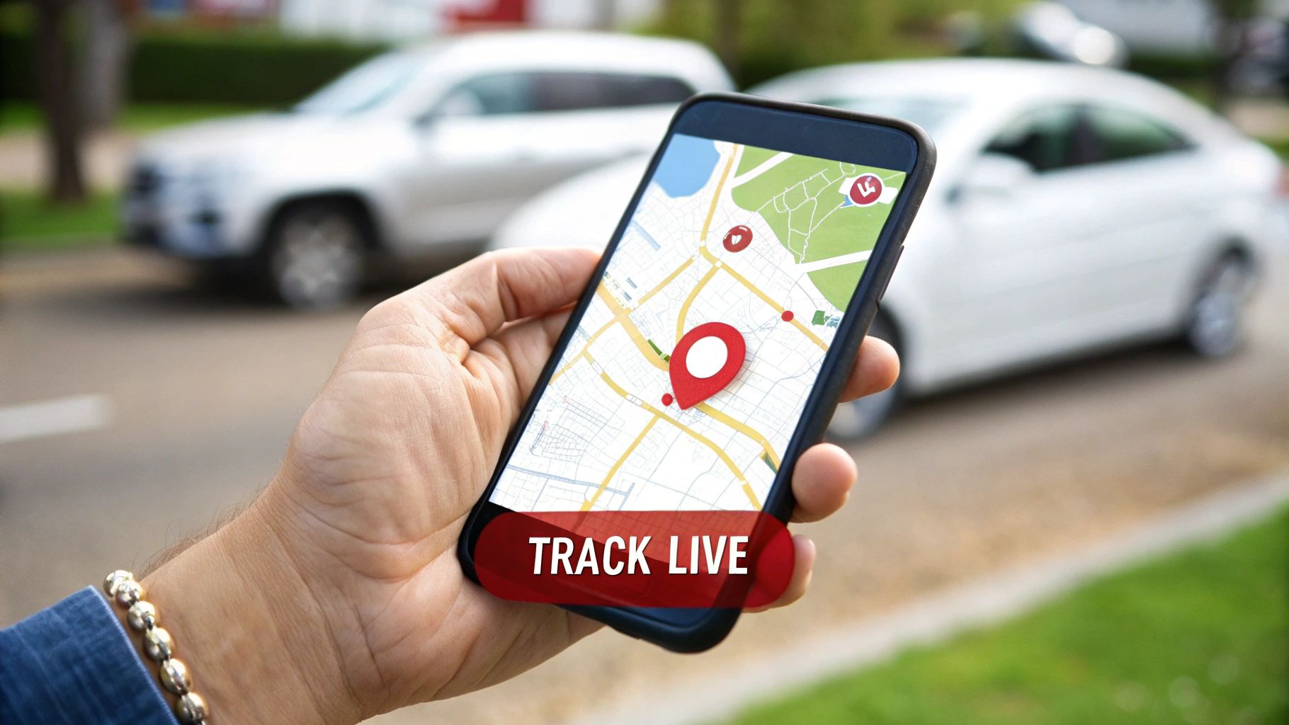A hand holds a smartphone displaying a map with a red location pin and a 'TRACK LIVE' button, with blurred cars in the background.