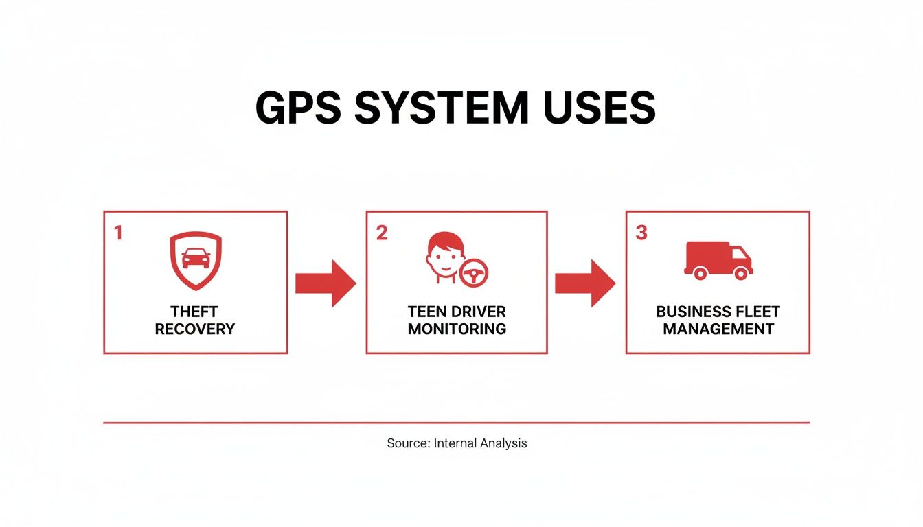 Flowchart illustrating three key GPS system uses: theft recovery, teen driver monitoring, and business fleet management.