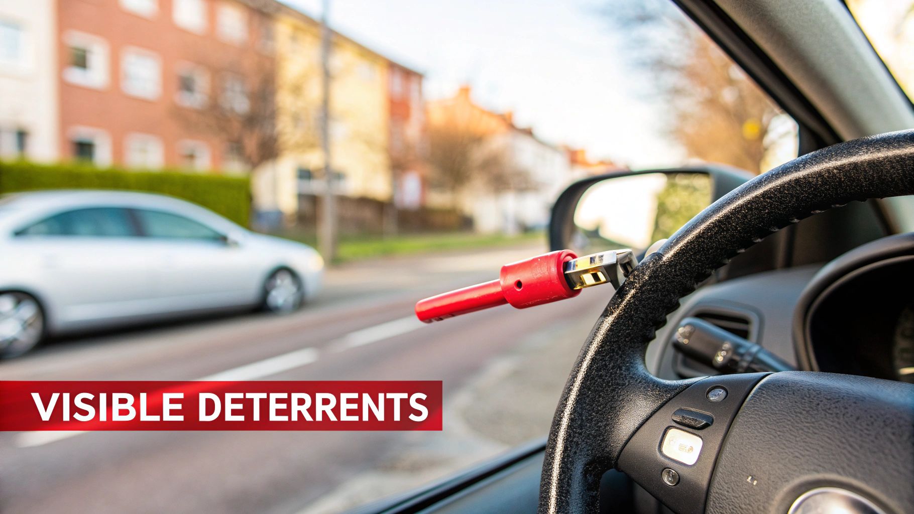 A red steering wheel lock is prominently displayed in a car's interior, serving as a visible anti-theft deterrent.