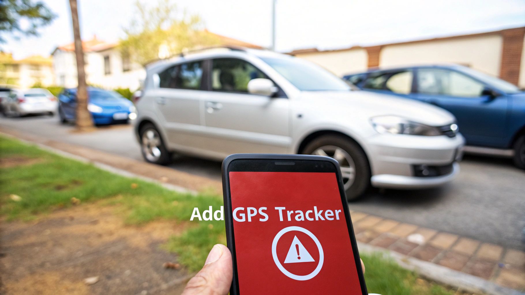 A hand holds a smartphone displaying 'Add GPS Tracker' and a warning symbol, with cars in the blurry background.