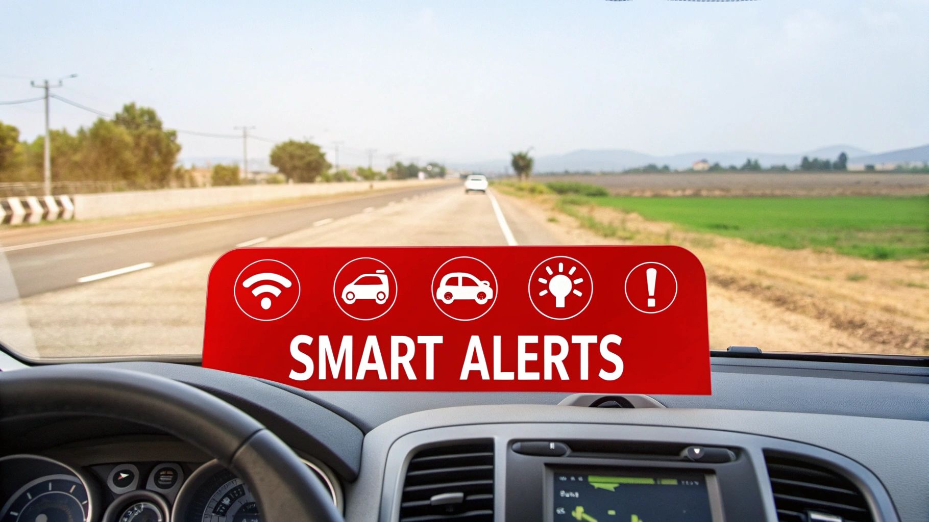 A car dashboard displays a red 'SMART ALERTS' system with various warning icons, driving on a road.