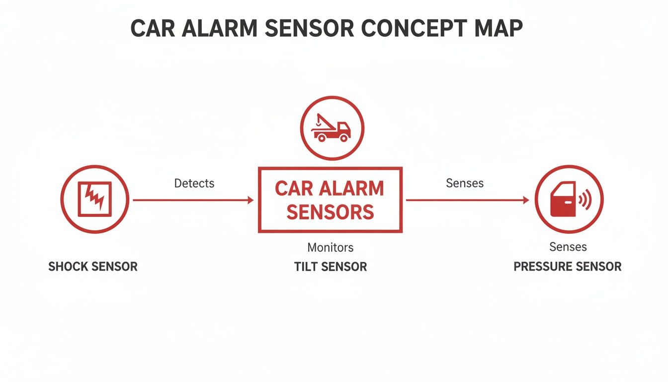 Concept map illustrating car alarm sensors detecting shock, monitoring tilt, and sensing pressure.