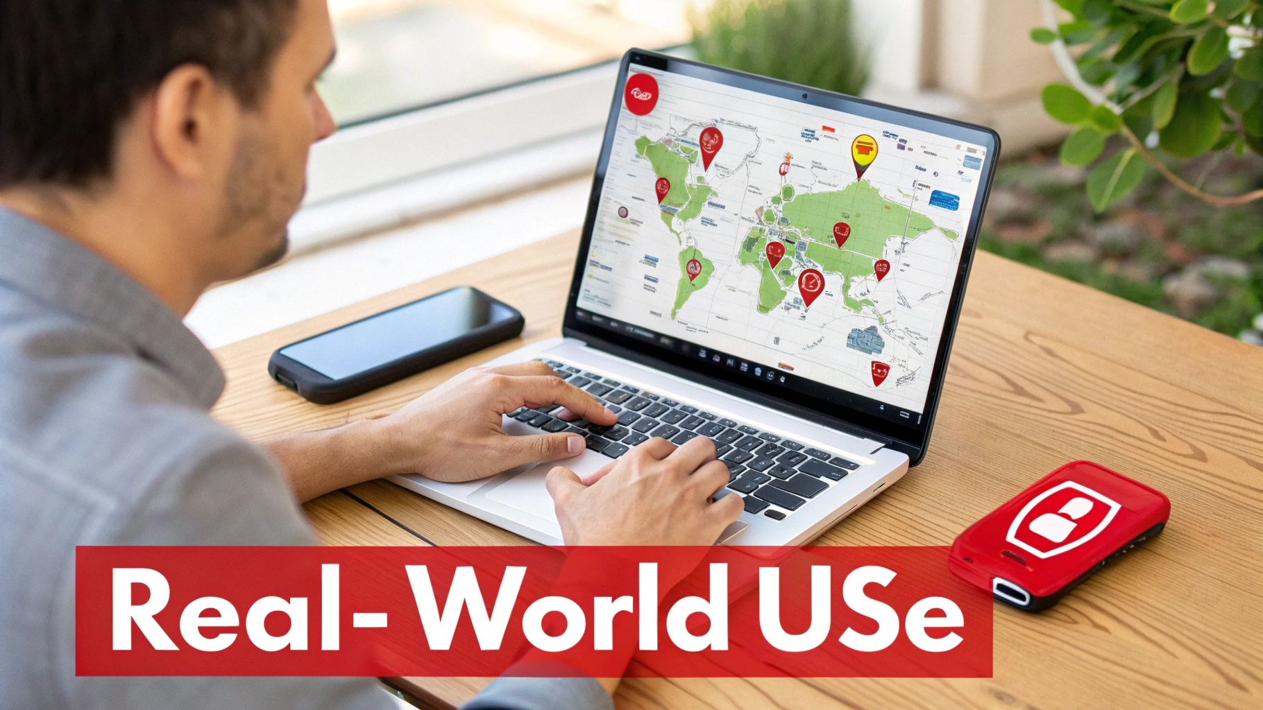 A person uses a laptop displaying a world map with red location pins, next to a smartphone and a red tracking device.