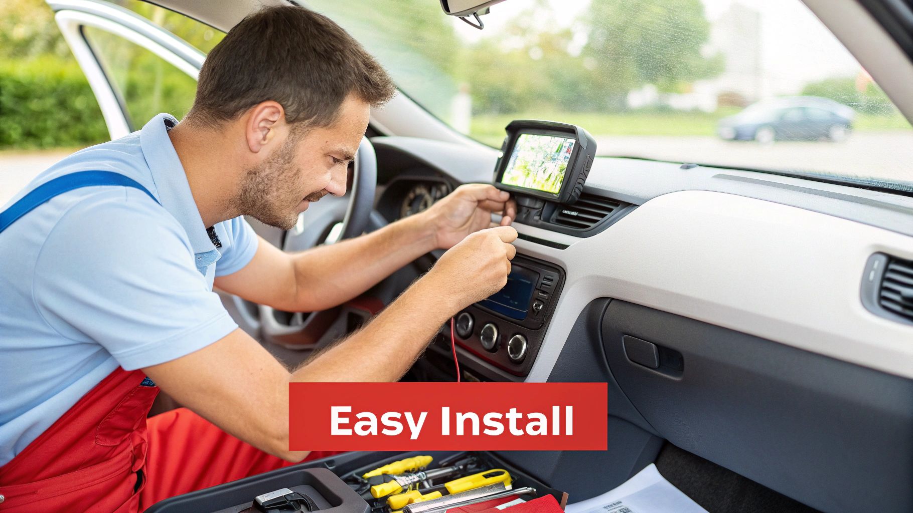 A technician carefully installing a car alarm system with GPS tracking under the dashboard of a vehicle.