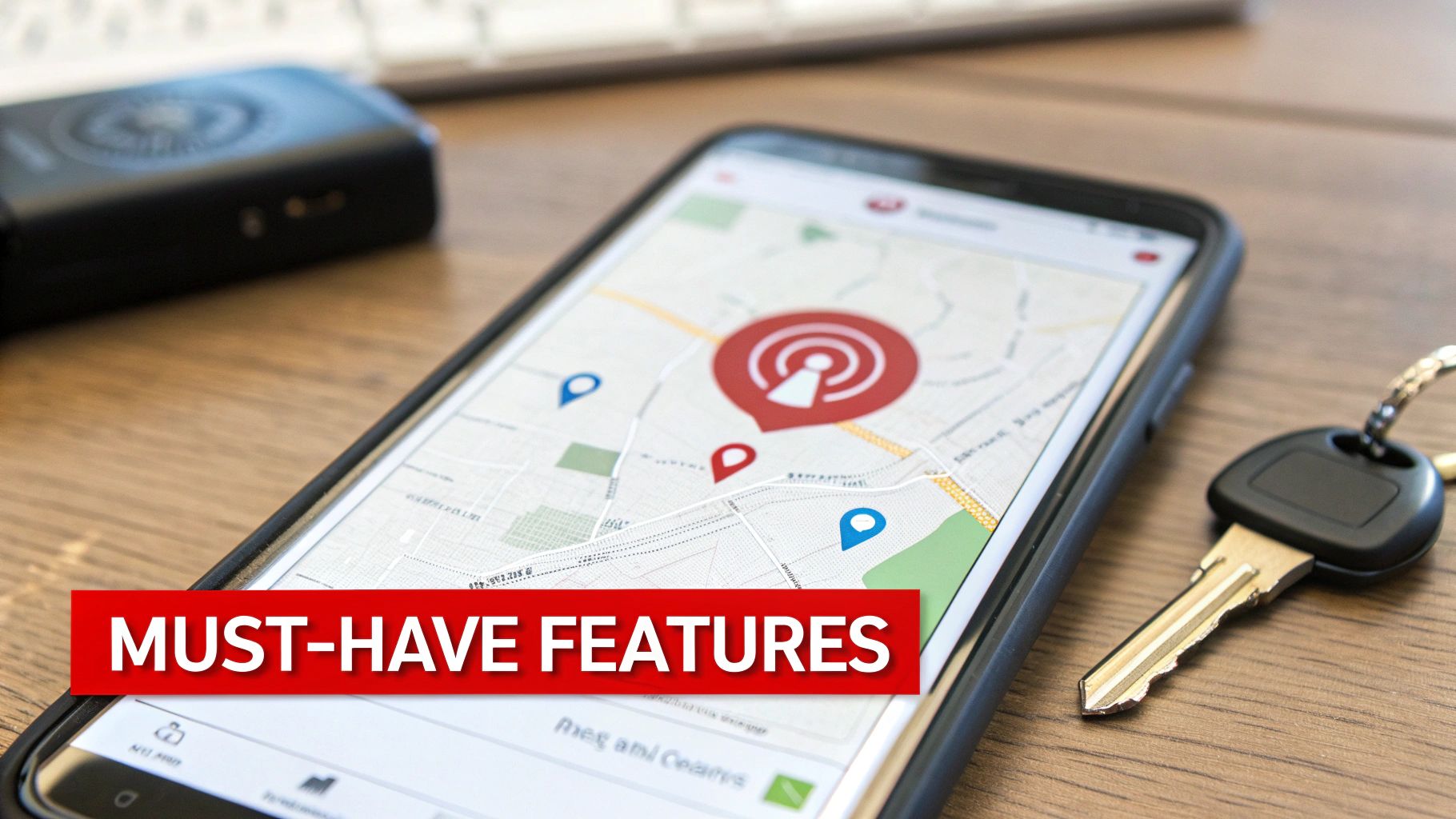 Smartphone displaying a map with a GPS tracker location, alongside a car key and a tracking device.