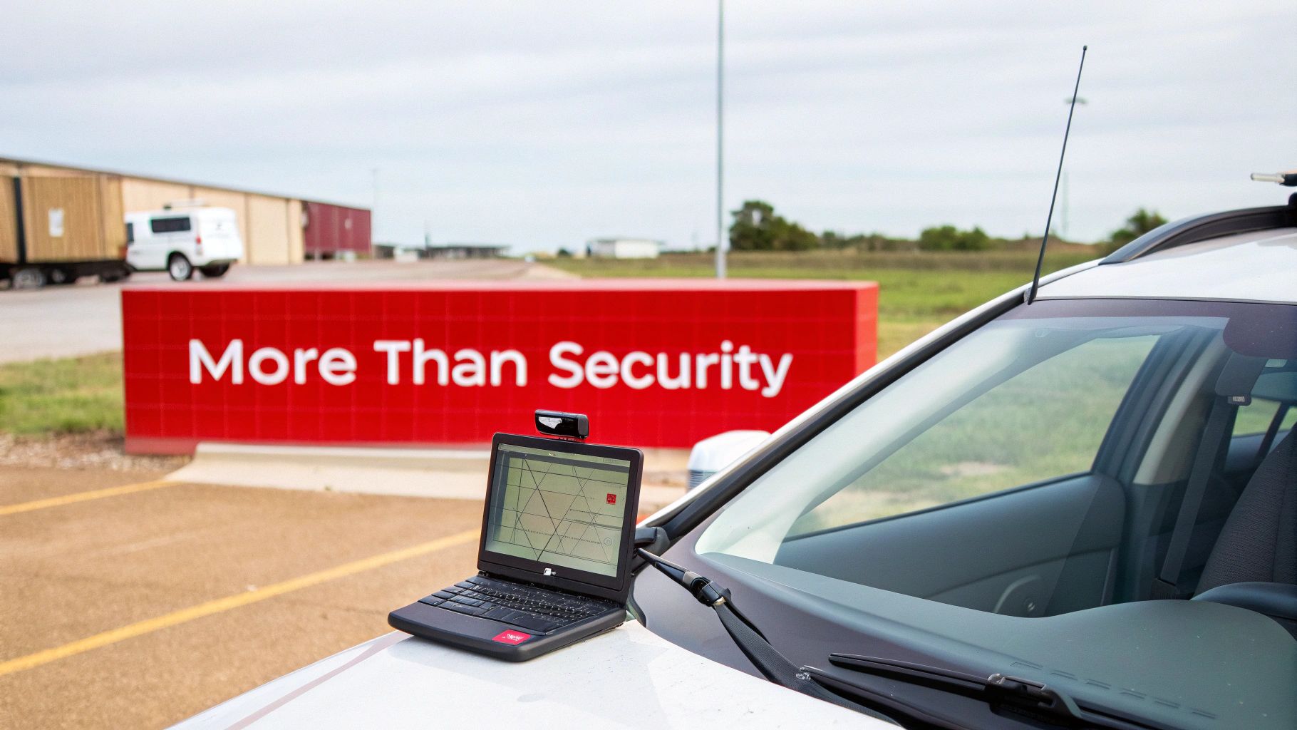 Laptop on a car hood with a security sign, displaying a vehicle monitoring system.
