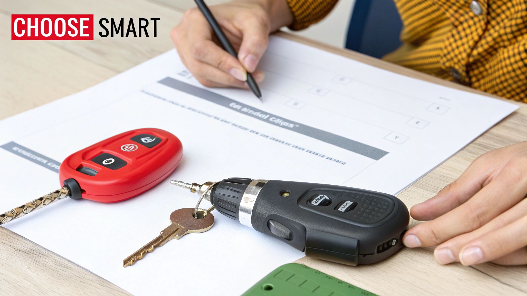 Hands signing a form with car keys, house key, and a small electric screwdriver on a wooden table.