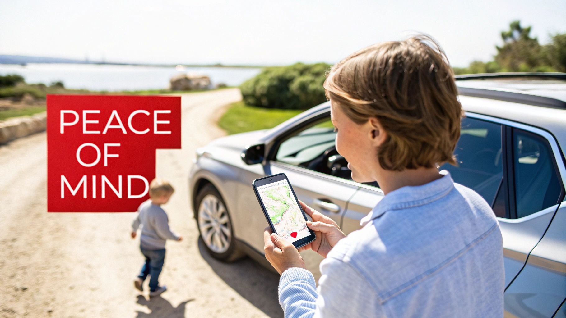 A woman monitors her child on a smartphone app next to a car, emphasizing peace of mind.