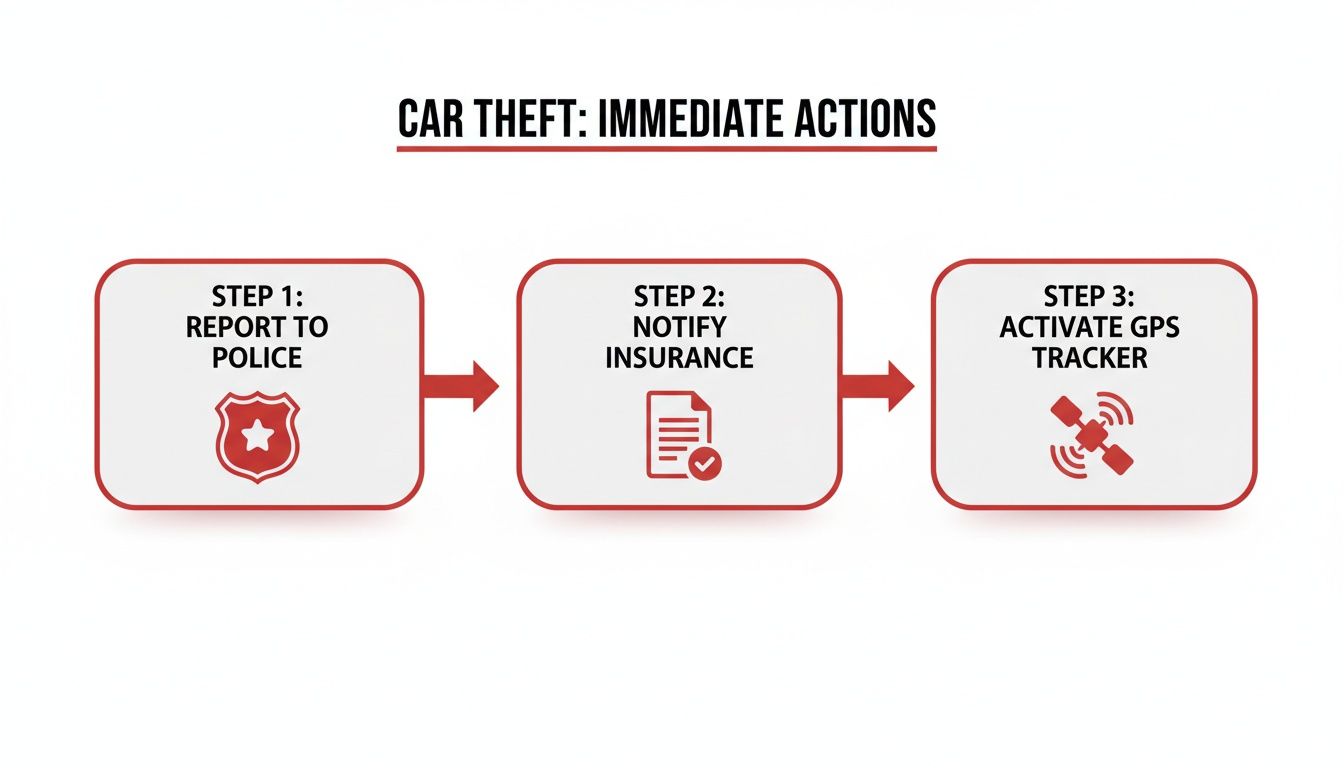 Infographic illustrating immediate actions after car theft: report to police, notify insurance, activate GPS tracker.