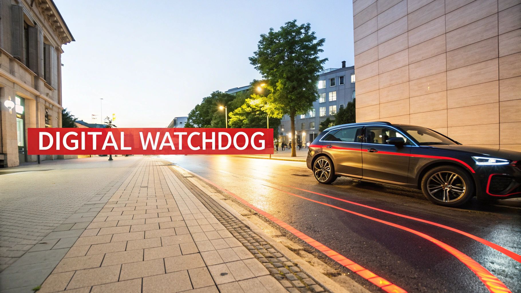 A black SUV with red accents on an urban street at dusk, overlayed with 'DIGITAL WATCHDOG' text and light trails.