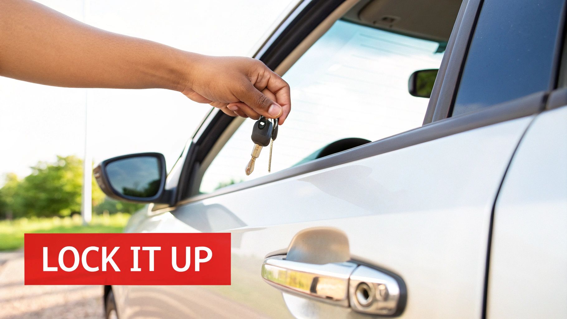 A person's hand holds car keys near an open car window, with a 'LOCK IT UP' banner.