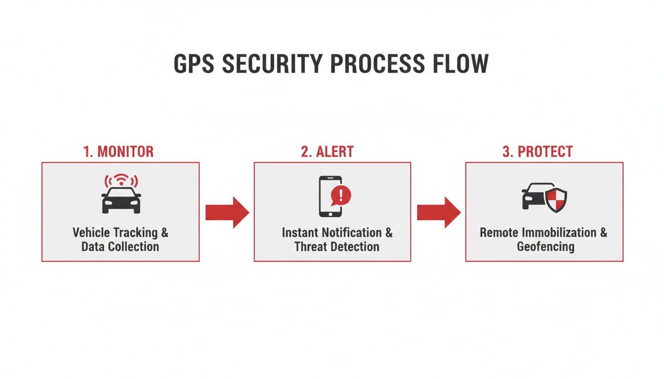 A three-step GPS security process flow illustrating vehicle tracking, instant alerts, and remote immobilization features.