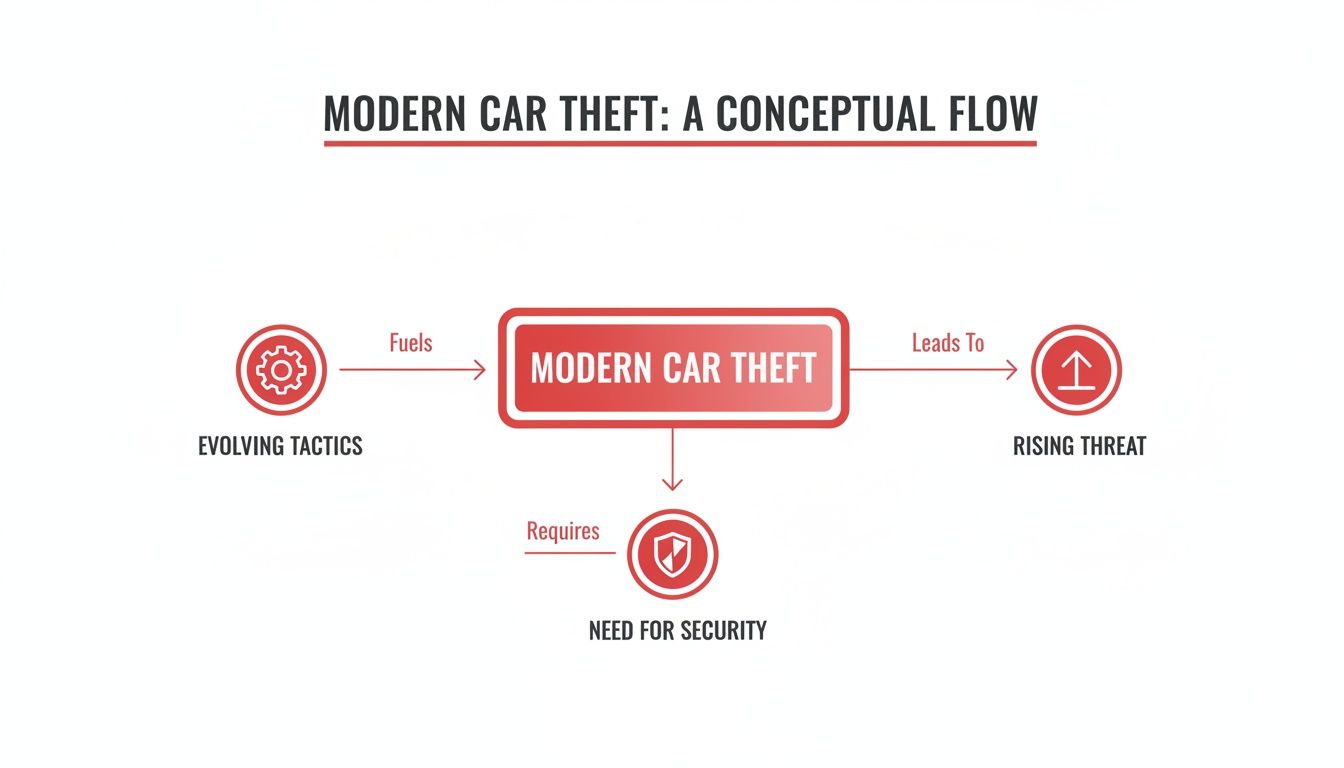 A conceptual flow diagram showing evolving tactics fueling modern car theft, leading to a rising threat and need for security.