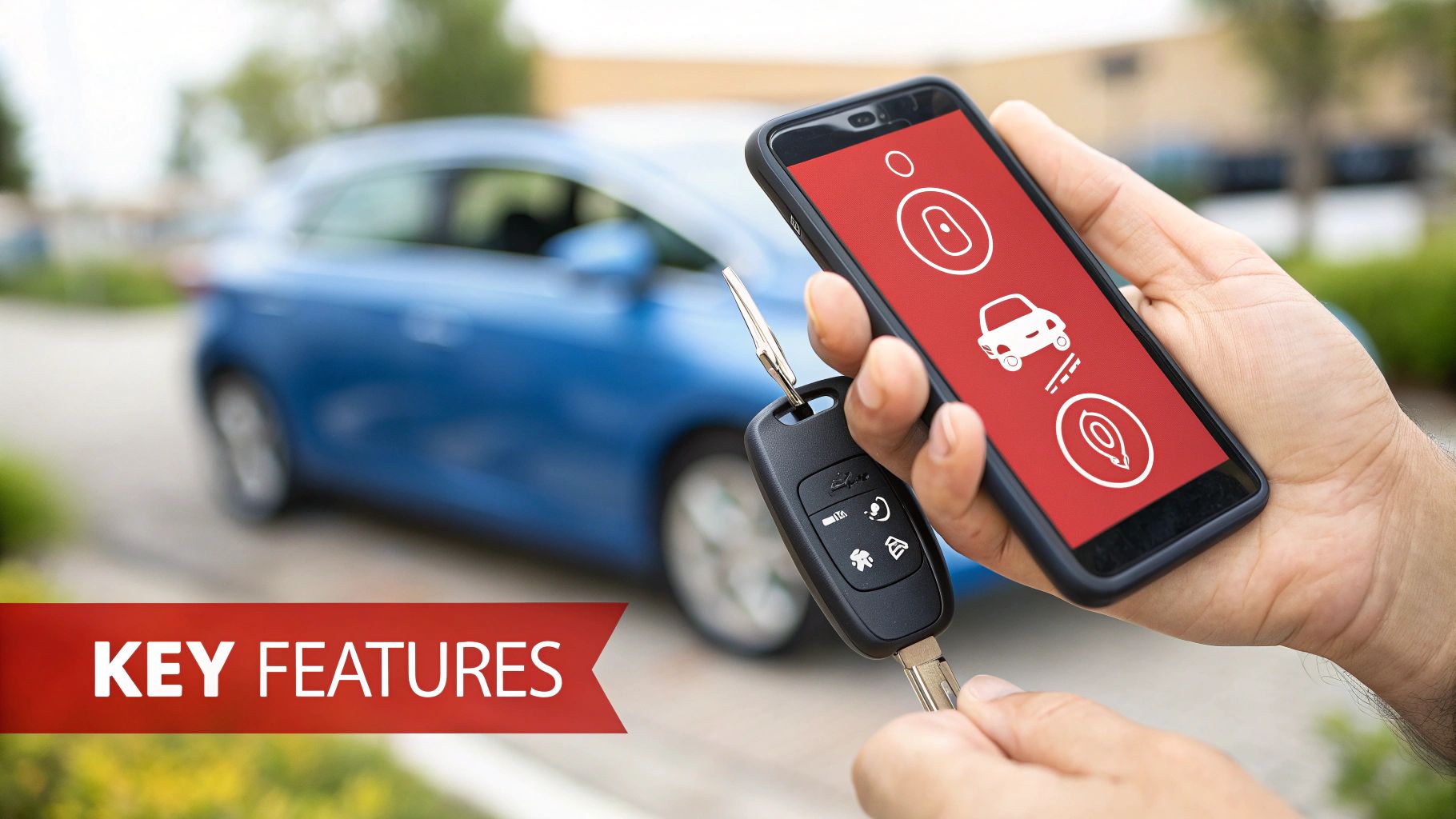 A hand holds a smartphone displaying remote car control features and a car key, with a blue car in the background.