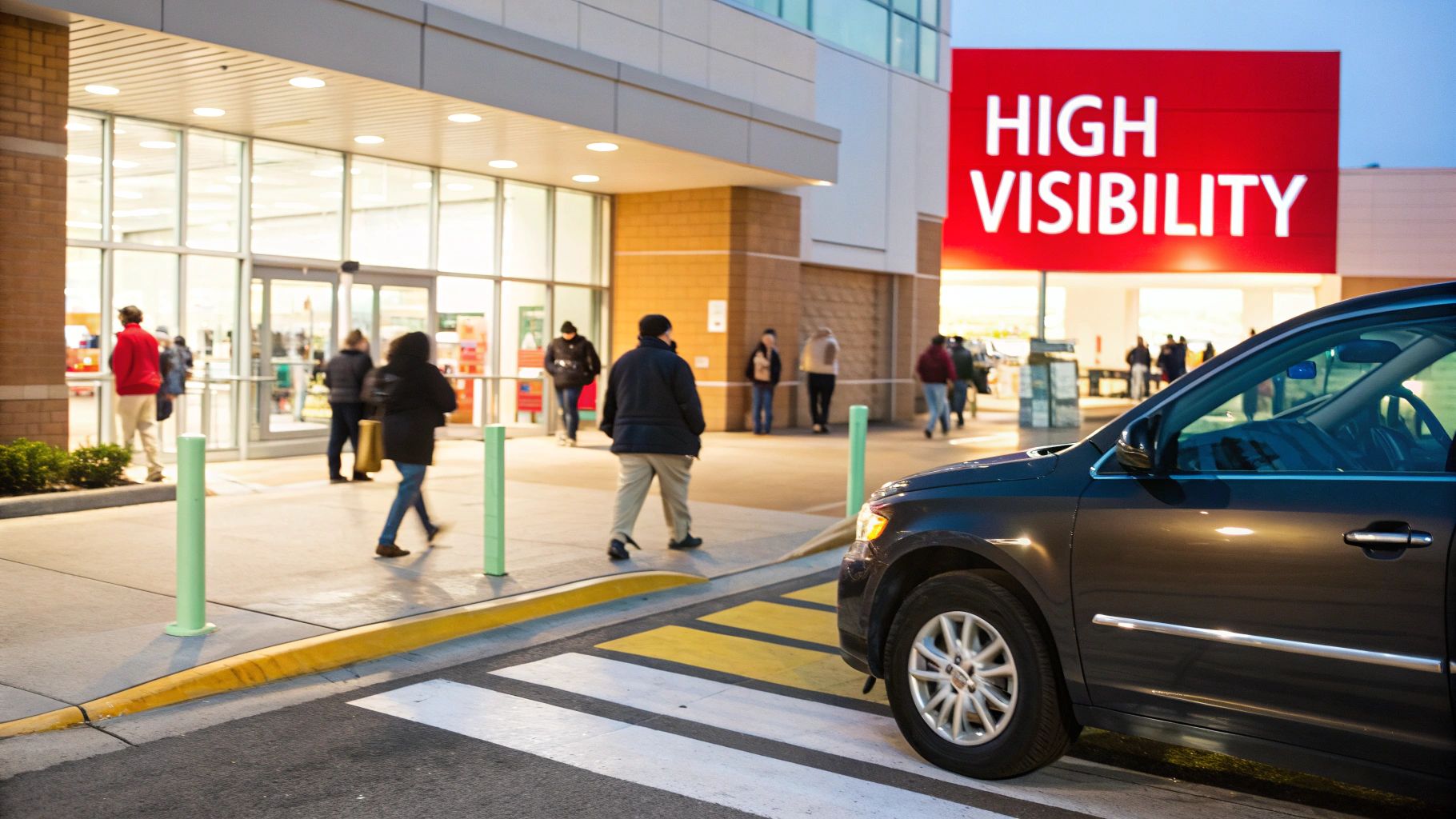 People walk near a store entrance with a prominent 'HIGH VISIBILITY' sign and a parked car.