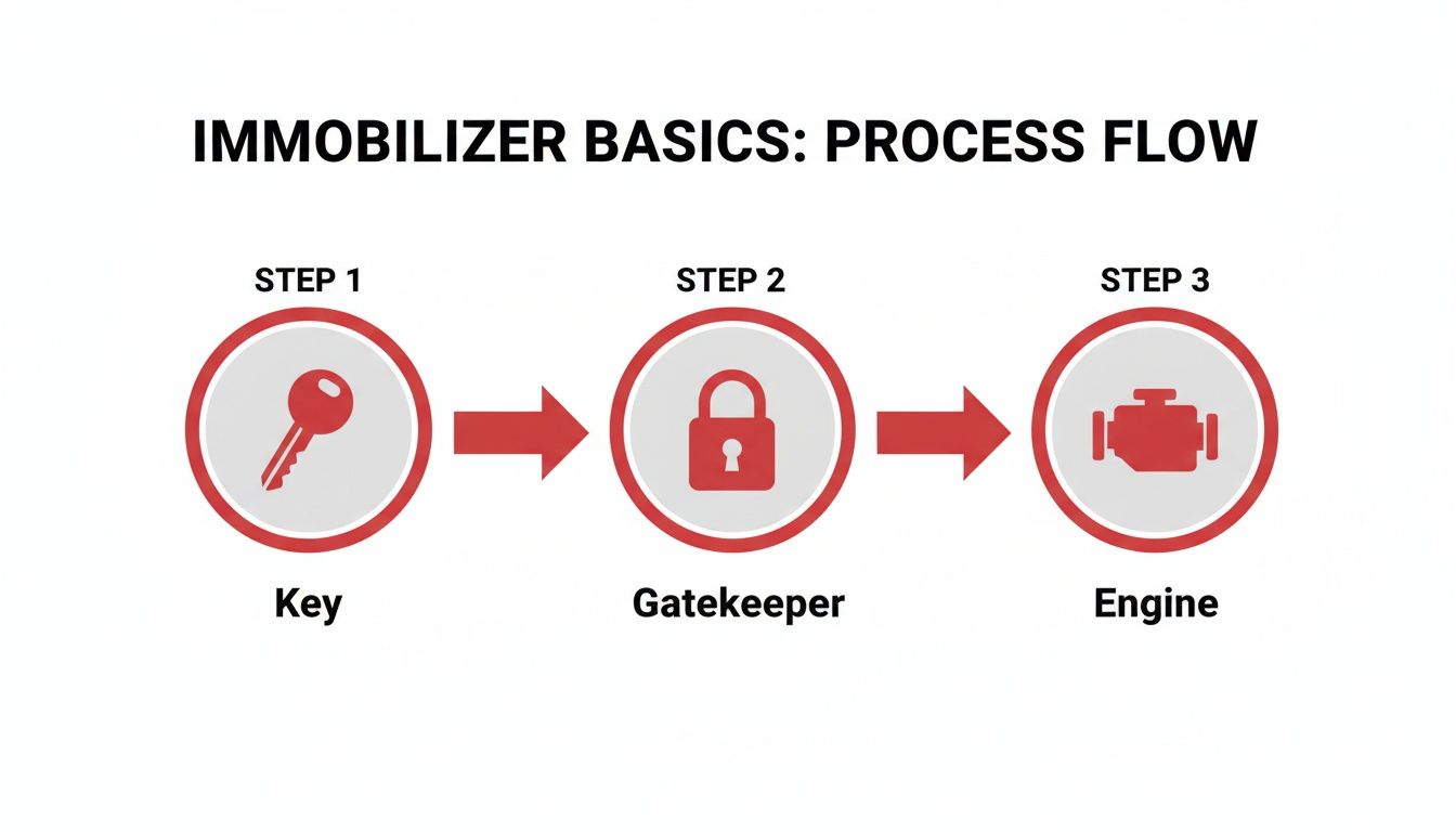 Flowchart illustrating the vehicle immobilizer process: Key to Gatekeeper, then to Engine.