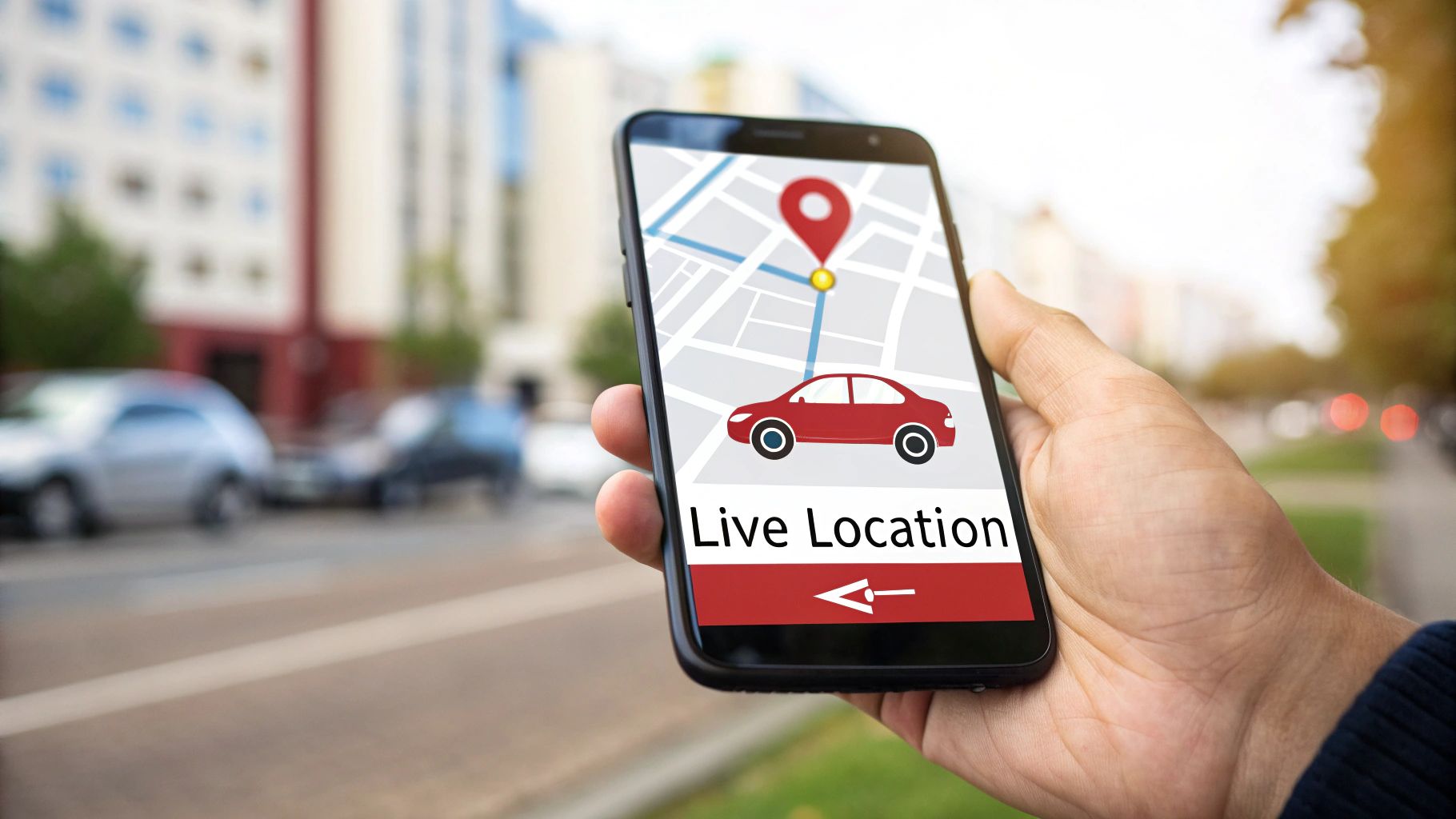 A hand holds a smartphone displaying a live car location tracking map on a city street.