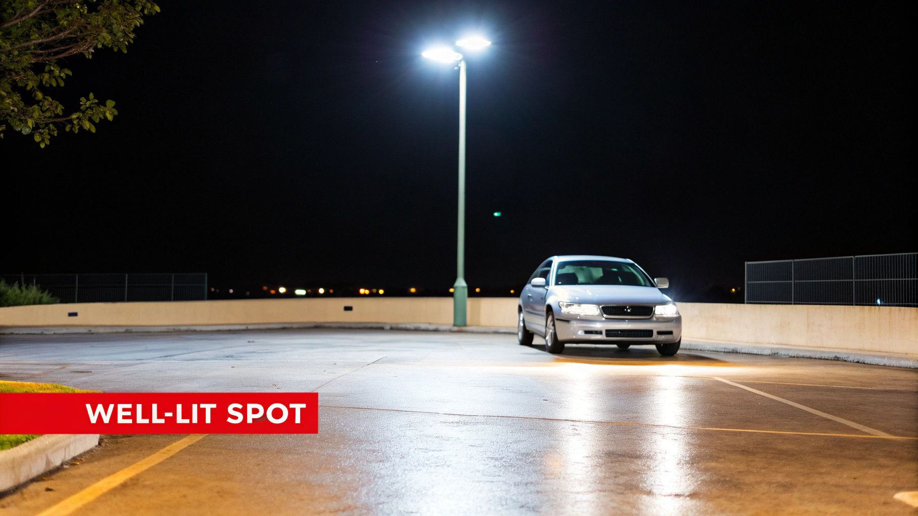A silver car is parked in a well-lit outdoor parking lot at night under a bright street lamp.