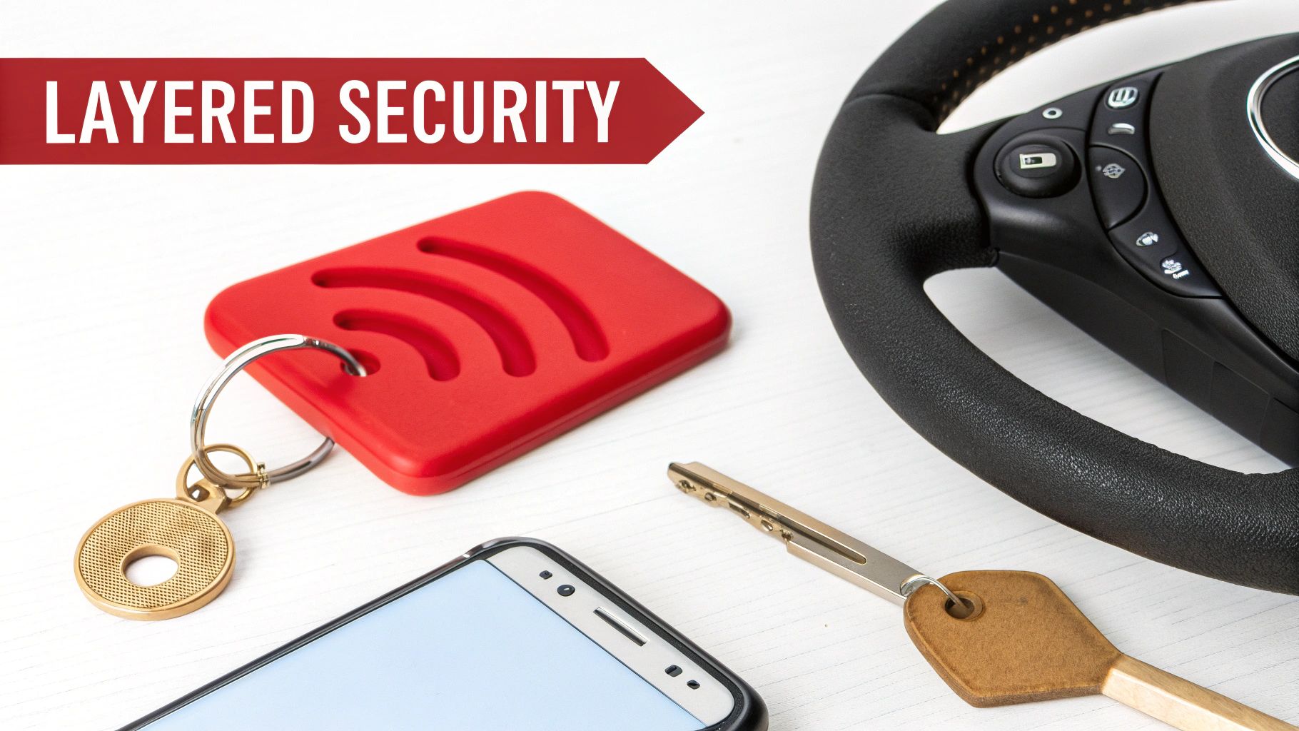 A car key, key fob, smartphone, and steering wheel symbolizing layered vehicle security.