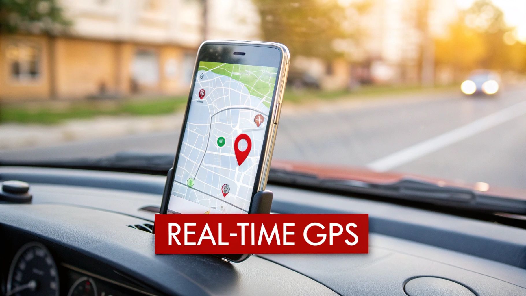 A smartphone displaying a real-time GPS map with a prominent red location pin mounted on a car dashboard.