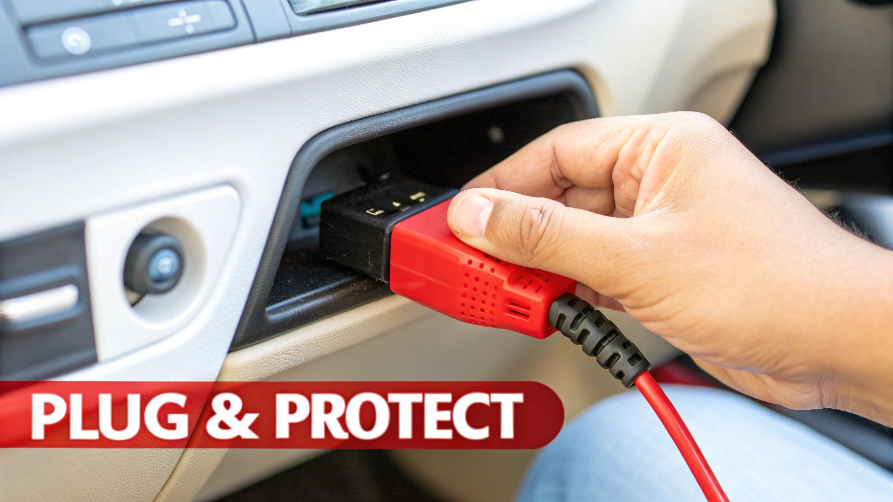 A hand plugs a red car diagnostic device into a car's dashboard port, with 'PLUG & PROTECT' text.