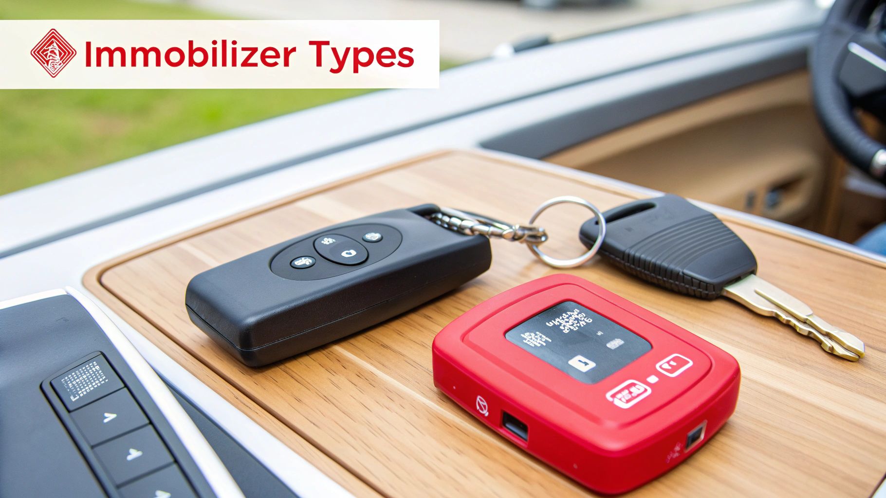 Car keys and a red immobilizer programming device displayed on a wooden surface inside a vehicle.