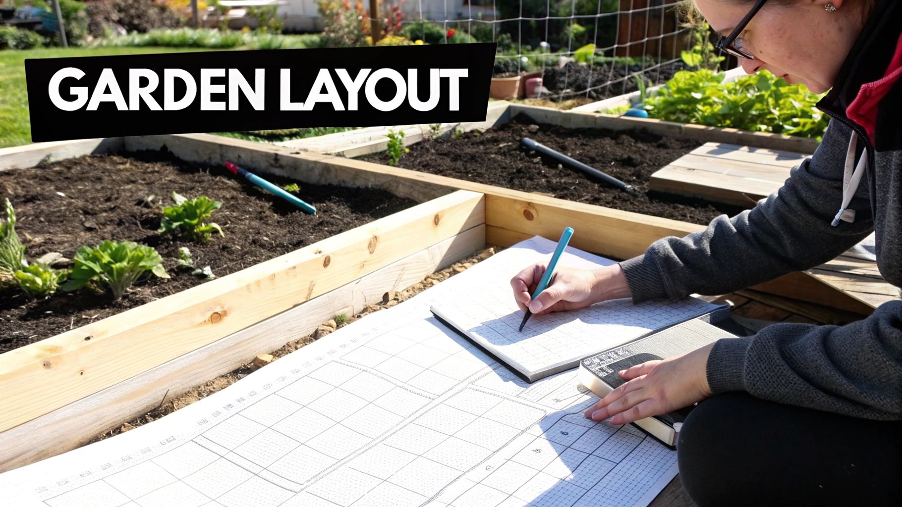 A person marking the ground for the placement of a raised garden bed in a sunny backyard. A person marking the ground for the placement of a raised garden bed in a sunny backyard.