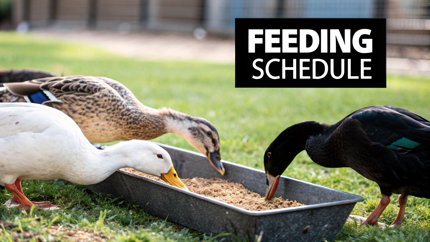 A flock of white meat ducks gathered around a feeder on a grassy field. A flock of white meat ducks gathered around a feeder on a grassy field.