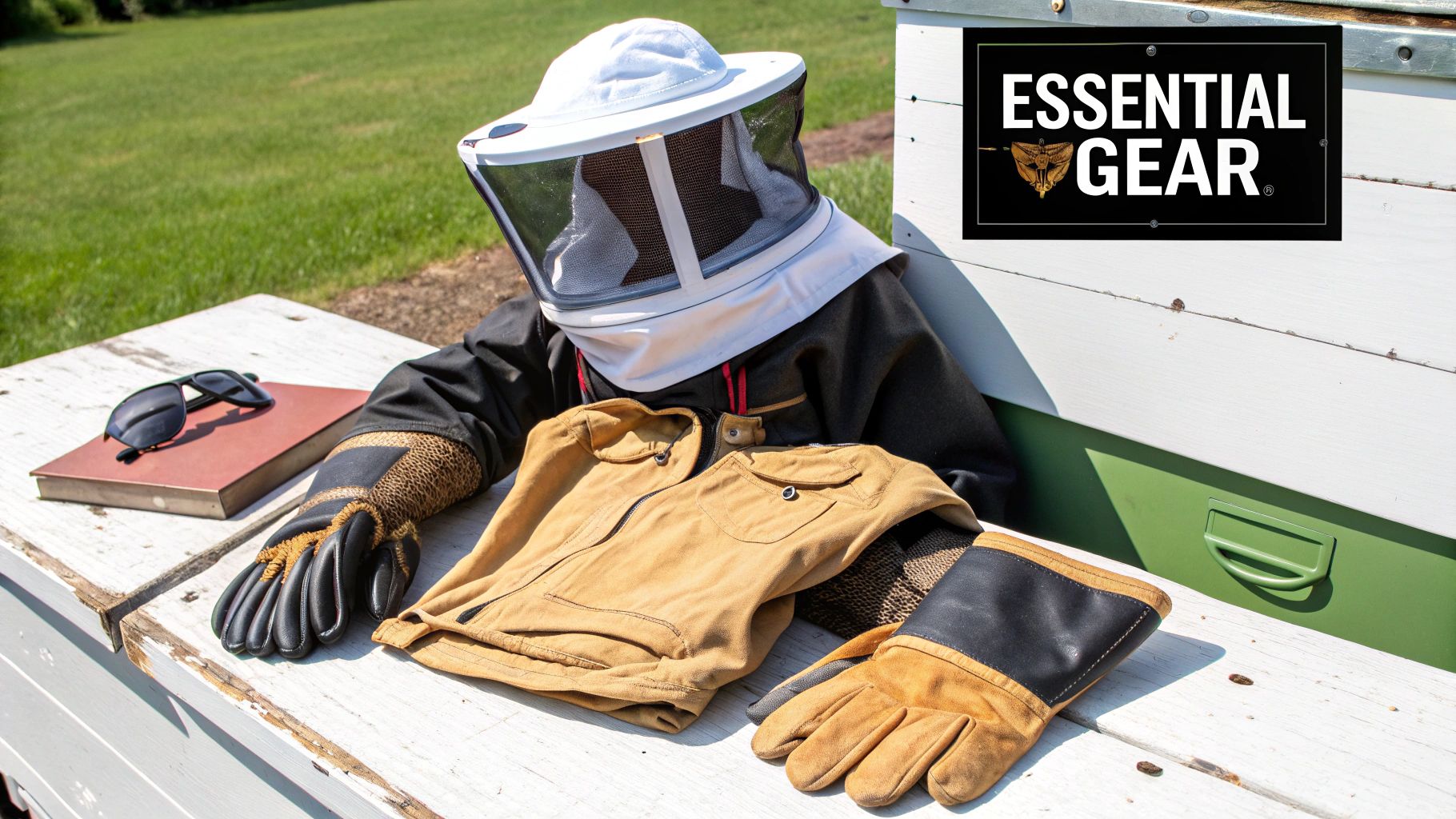 A beekeeper carefully inspecting a frame from a hive, surrounded by calm bees. A beekeeper carefully inspecting a frame from a hive, surrounded by calm bees.