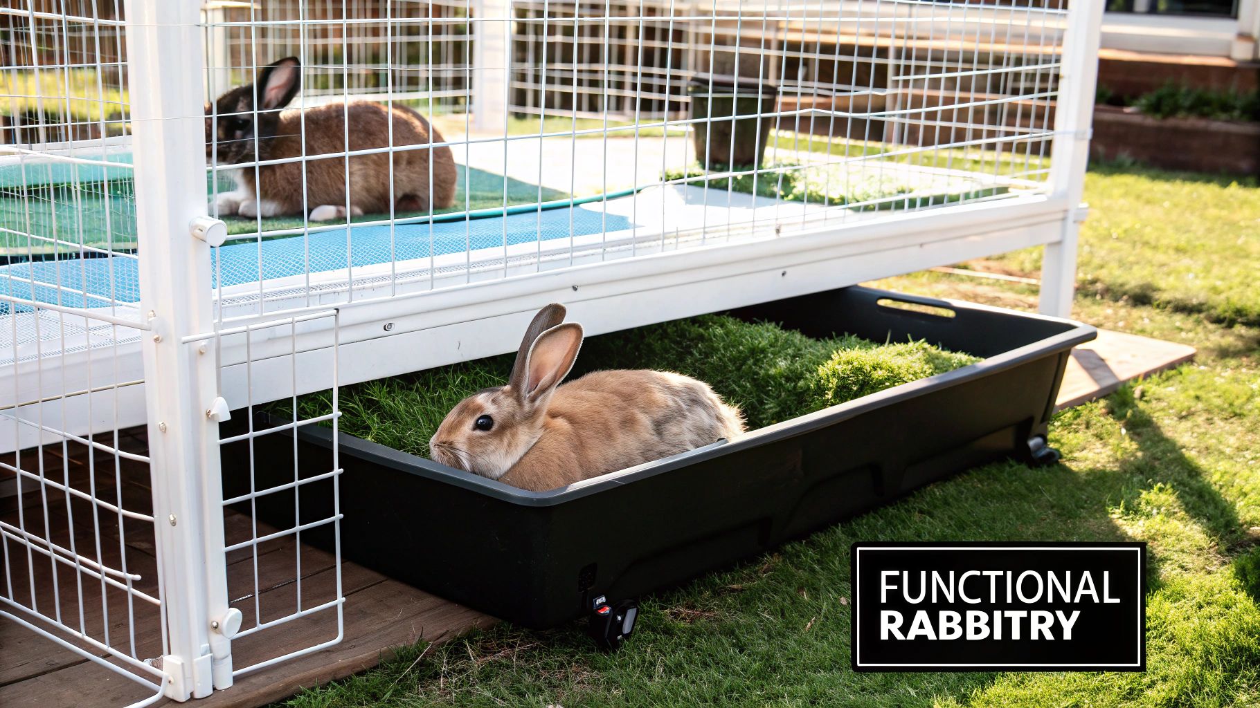 A well-organized rabbitry with wire cages and feeding systems A well-organized rabbitry with wire cages and feeding systems
