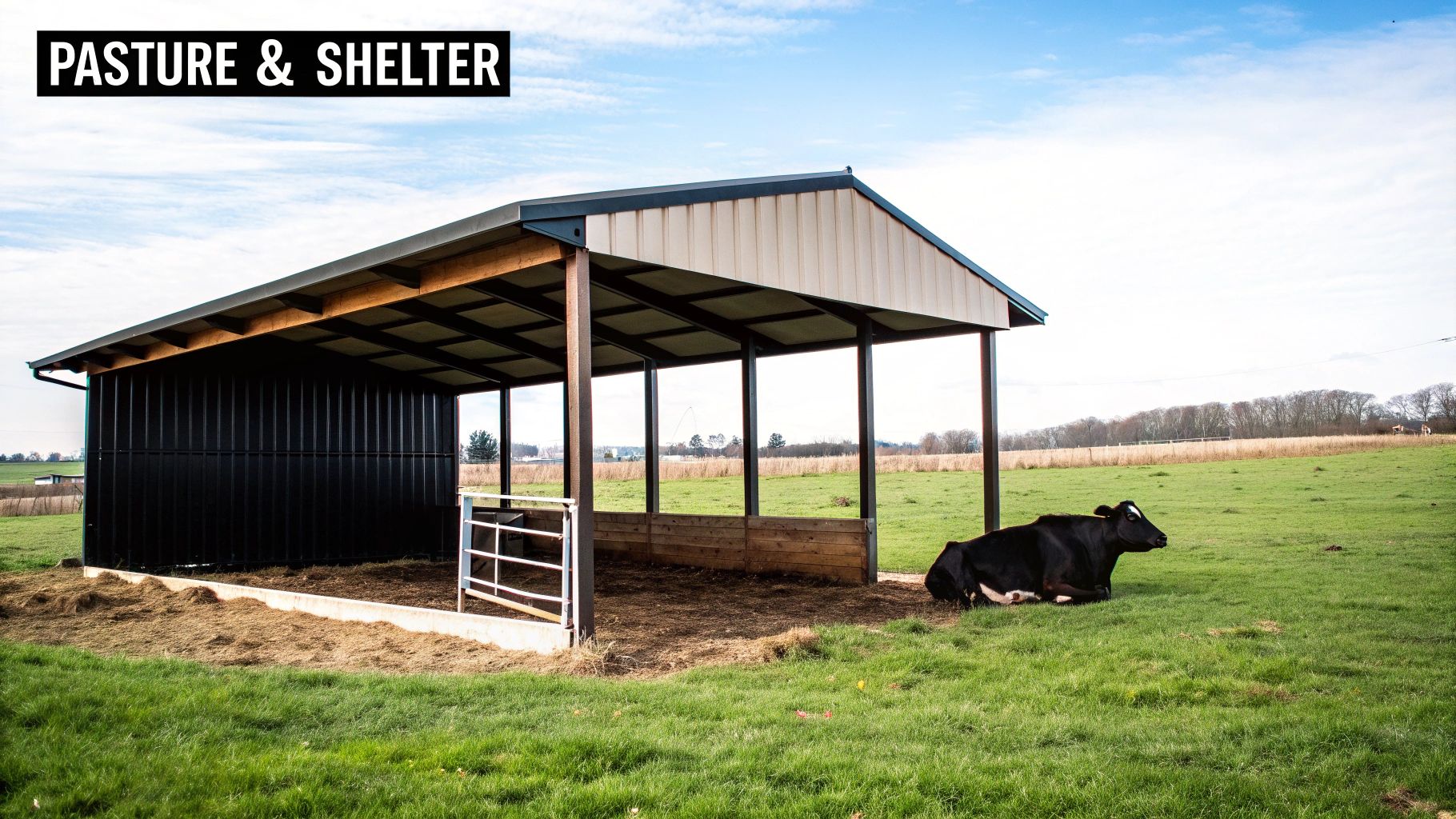A cow stands in a simple three-sided shelter with fresh hay on the ground. A cow stands in a simple three-sided shelter with fresh hay on the ground.