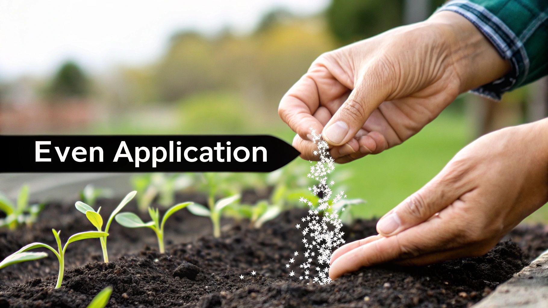 A person's hands gently working organic fertilizer into the soil around a small vegetable plant.