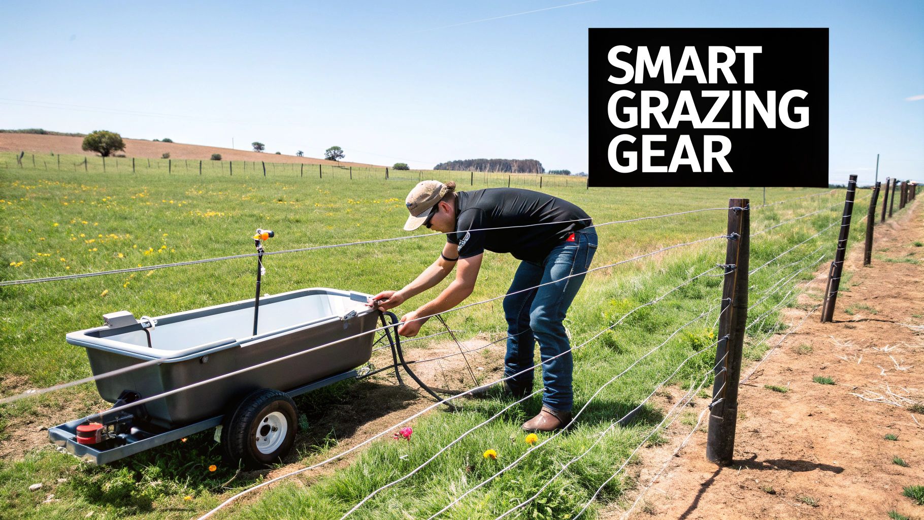 A portable electric fence with step-in posts divides a green pasture, a key tool for rotational grazing for sheep and cattle on small farms. A portable electric fence with step-in posts divides a green pasture, a key tool for rotational grazing for sheep and cattle on small farms.