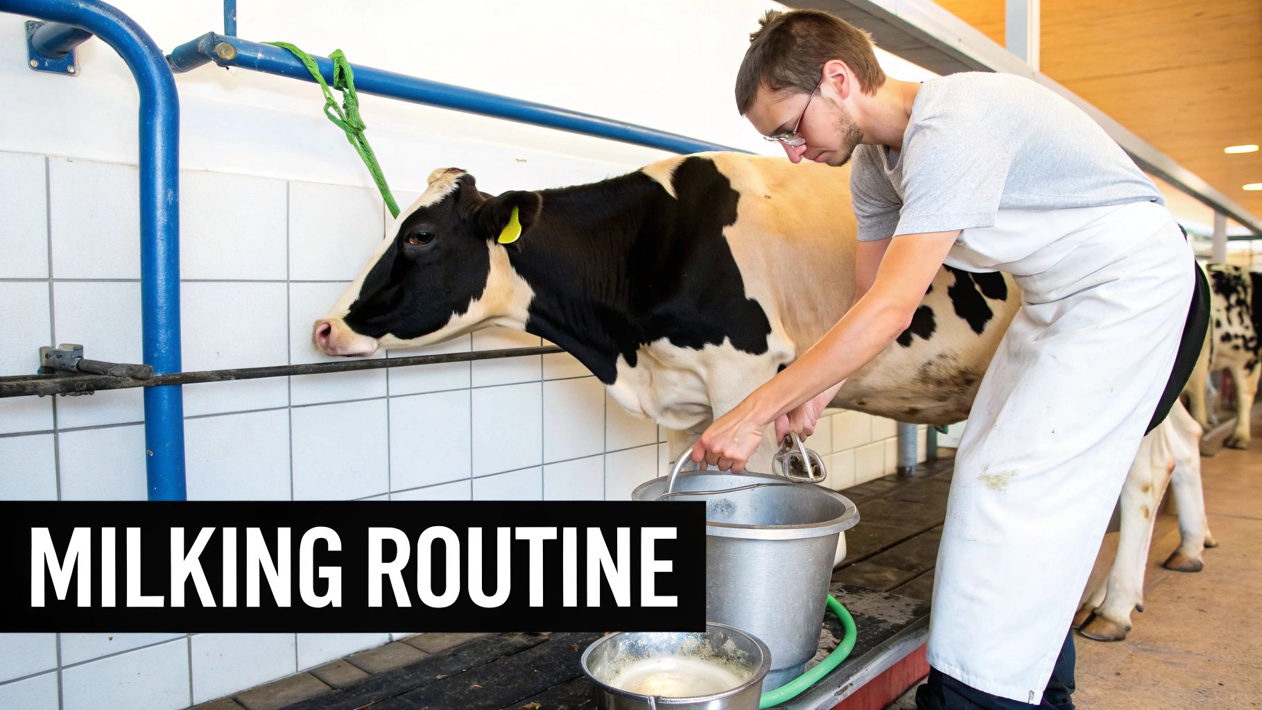 A person hand-milking a brown cow into a stainless steel bucket. A person hand-milking a brown cow into a stainless steel bucket.