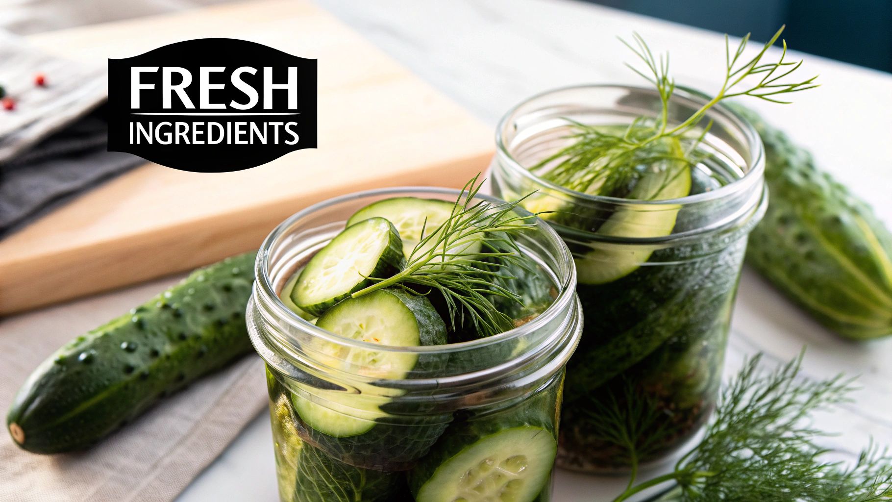 Fresh cucumbers and dill arranged on a wooden surface, ready for making relish. Fresh cucumbers and dill arranged on a wooden surface, ready for making relish.