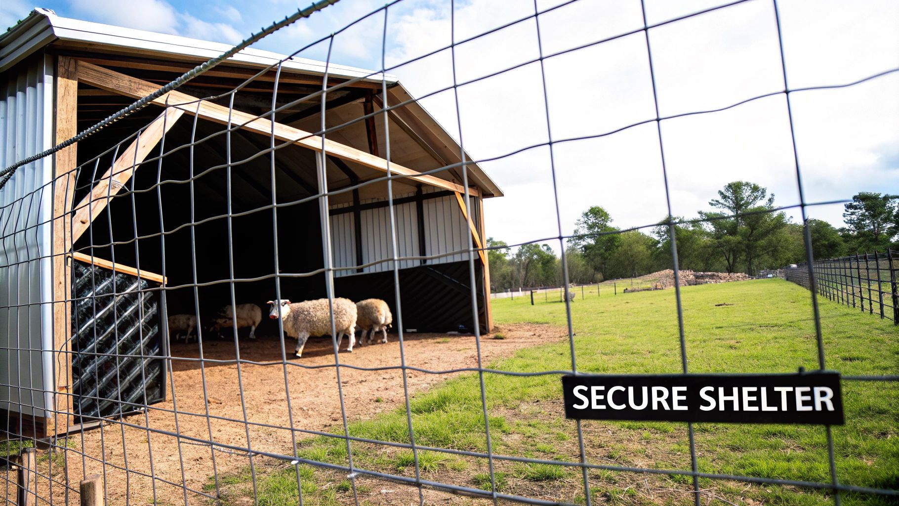 A simple three-sided run-in shed for sheep in a green pasture, with a woven wire fence in the foreground. A simple three-sided run-in shed for sheep in a green pasture, with a woven wire fence in the foreground.