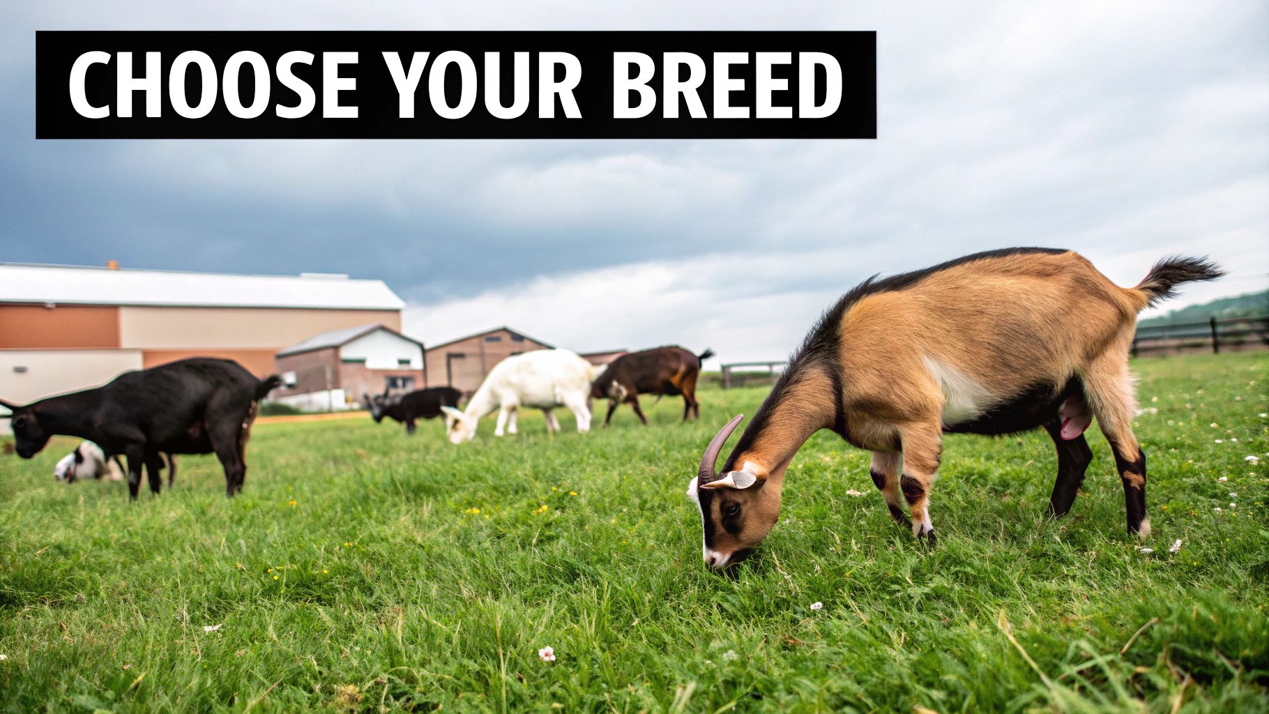 Several different breeds of dairy goats standing in a sunny pasture. Several different breeds of dairy goats standing in a sunny pasture.