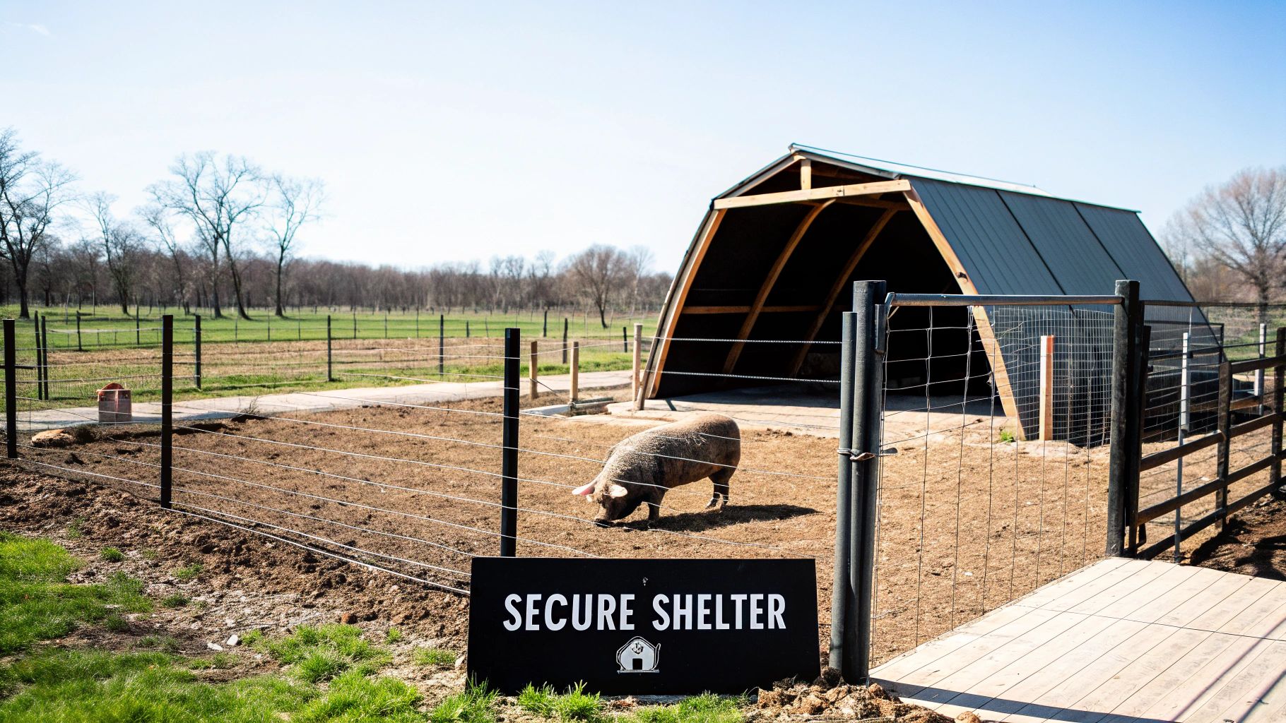 A simple A-frame pig shelter in a grassy pasture. A simple A-frame pig shelter in a grassy pasture.