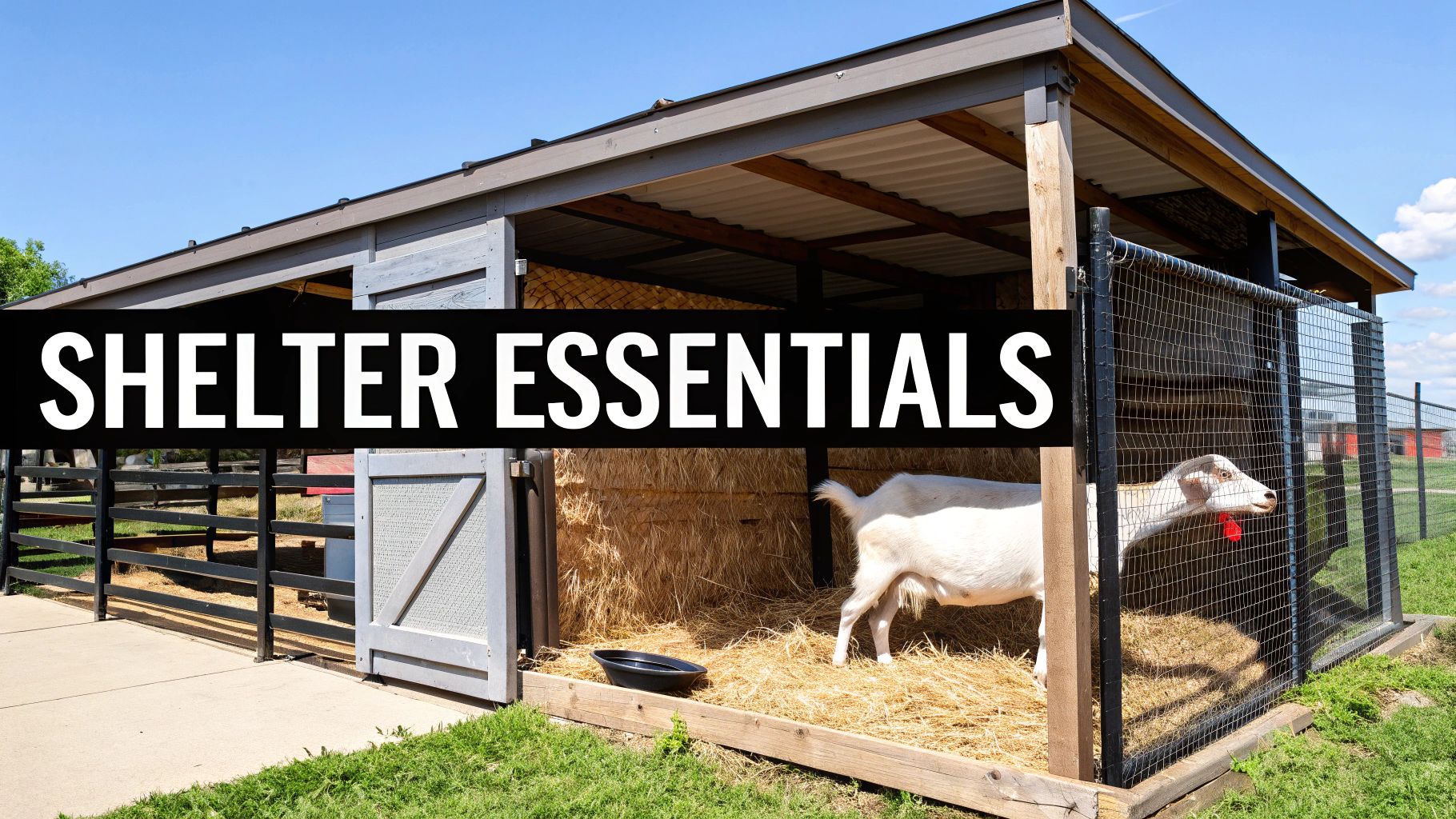 A simple but sturdy three-sided goat shelter in a green pasture. A simple but sturdy three-sided goat shelter in a green pasture.