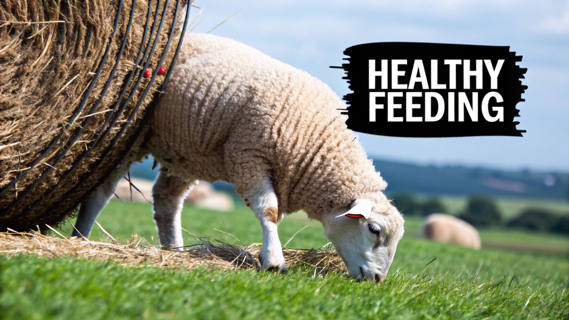 A flock of healthy sheep grazing on lush green pasture under a clear blue sky. A flock of healthy sheep grazing on lush green pasture under a clear blue sky.