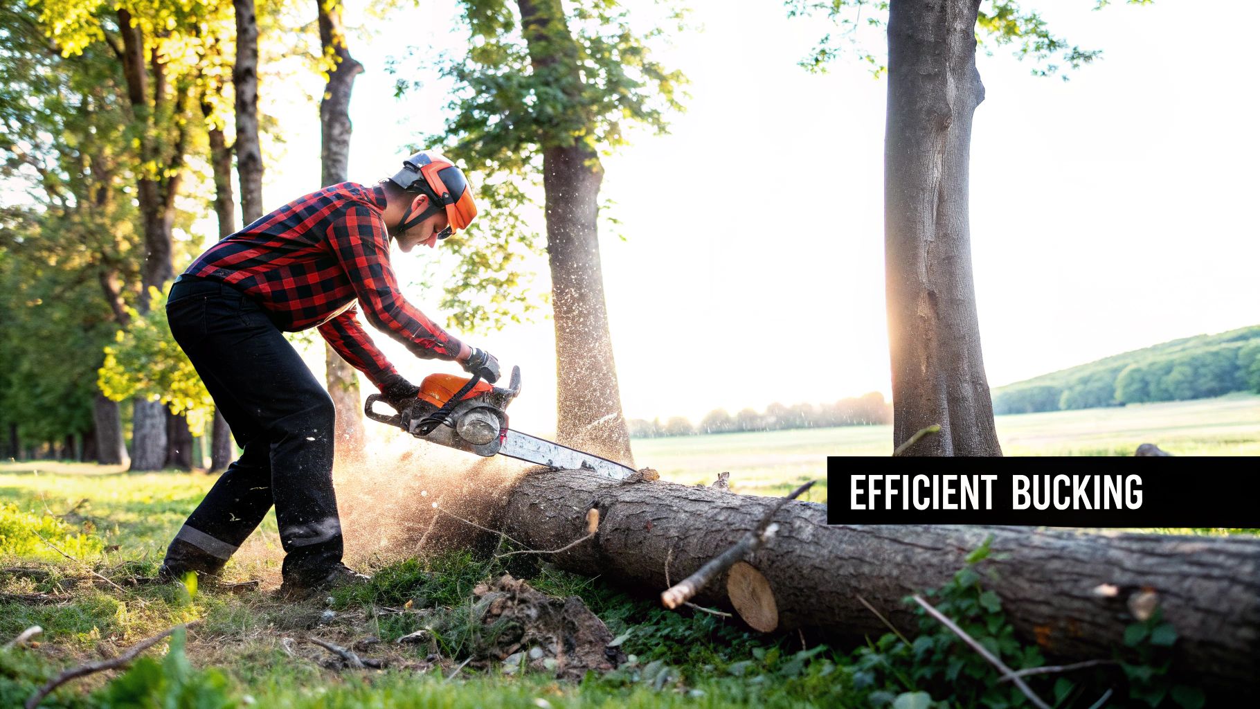 A person cutting a felled tree into smaller logs with a chainsaw A person cutting a felled tree into smaller logs with a chainsaw