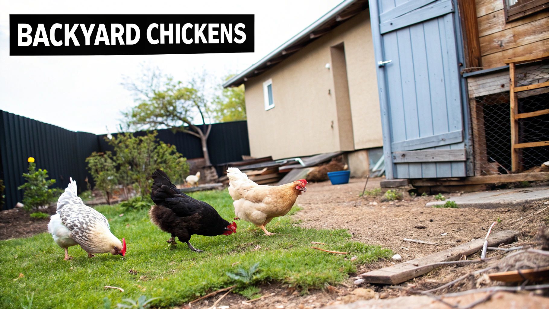 A simple, well-built wooden chicken coop in a grassy field with a few chickens nearby. A simple, well-built wooden chicken coop in a grassy field with a few chickens nearby.
